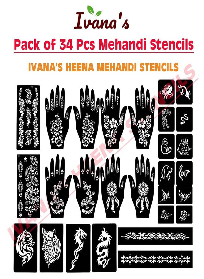 إيفاناز مجموعة إيفانا المكونة من 34 قطعة من قوالب الحناء القابلة لإعادة الاستخدام لليدين والمعصم والجسم والظهر والرقبة والوجه، عبوة كومبو من القوالب للنساء والفتيات والأطفال، سهلة الاستخدام في 4 خطوات فقط، مجموعة تصميم هندي، A2037 - Image 3