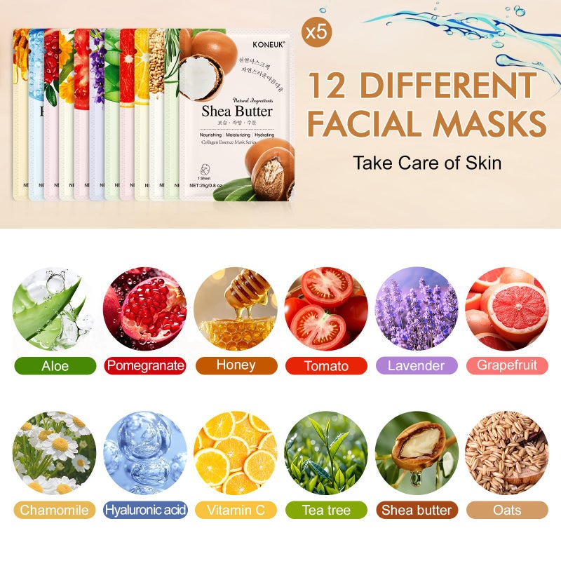 KONEUK 60 Pack Collagen Essence Face Masks Skincare for Women, Hydrating Sheet Face Masks Suitable for Dry and Sensitive Skin, Bulk Facial Masks for Women Skin Care, Face Mask Gifts Set for Spa Party - Image 2