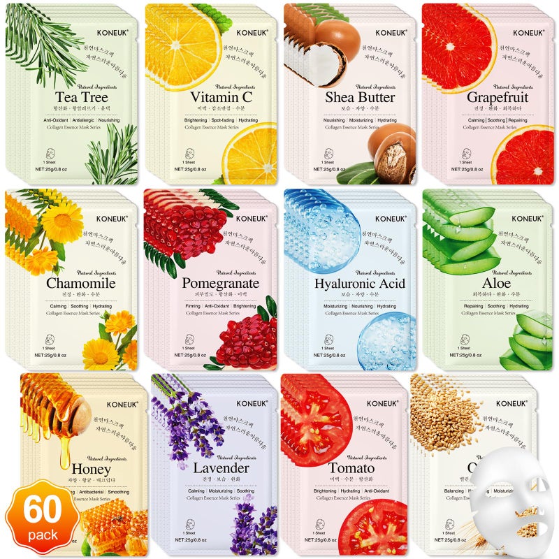 KONEUK 60 Pack Collagen Essence Face Masks Skincare for Women, Hydrating Sheet Face Masks Suitable for Dry and Sensitive Skin, Bulk Facial Masks for Women Skin Care, Face Mask Gifts Set for Spa Party - Image 1