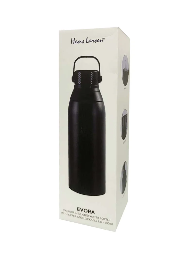 Hans Larsen Black Hans Larsen EVORA 750ml Vacuum Insulated Stainless Steel Water Bottle, Double Wall, Lockable Lid & Sip Straw, 12 Hrs Cold / 8 Hrs Hot, Leak-Proof Sports Bottle with Carry Loop - Black  | Best Price UAE