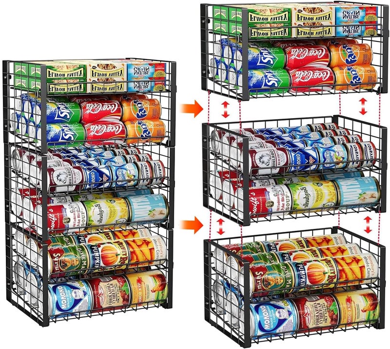 JKsmart 2-Tier Stackable Rack Organizer for Pantry, Adjustable Dispenser Holds Up to 90 Cans, Storage Holder for Various Ounces of Canned Drinks, Black, 3 Pack - Image 1