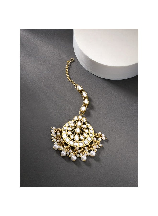 Peora Gold Plated Wedding Kundan White Pearl Maang Tikka for Women - Image 2