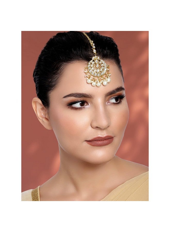 Peora Gold Plated Wedding Kundan White Pearl Maang Tikka for Women - Image 3