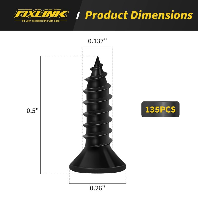 FIXLINK Wood Screws 1/2 Inch, FIXLINK Premium Flat Head Phillips Black Wood Screws 135 PCS, Self Tapping Electrophoresis Used in Indoor Furniture, Woodworking (#6 x 1/2") - Image 4
