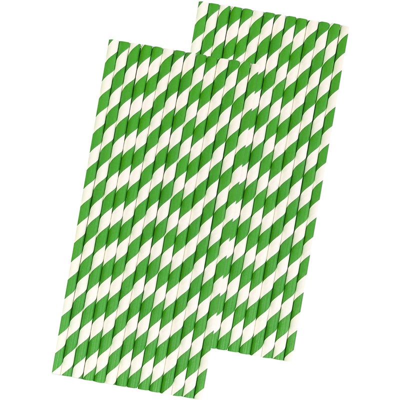 Outside the Box Pape Green Striped Paper Straws - Green White Stripe - Christmas St Patrick's Birthday Supply - 7.75 Inches - 50 Pack - Image 1