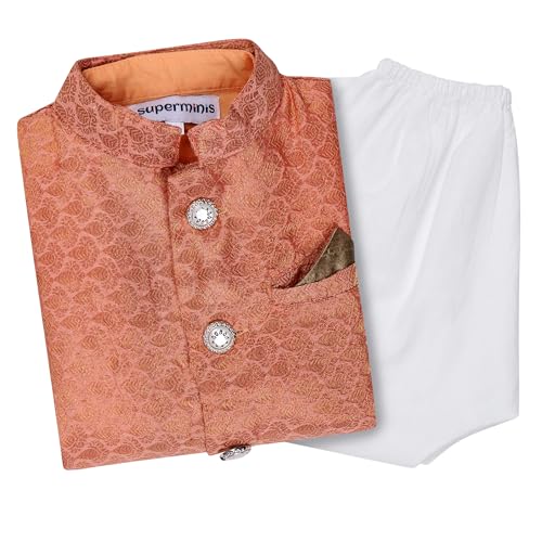superminis Boy's Cottton Kurta With Golden Thread Work Nehru Jacket and Elastic Closure Pyjama Set (7-8 Years, Orange) - Image 1