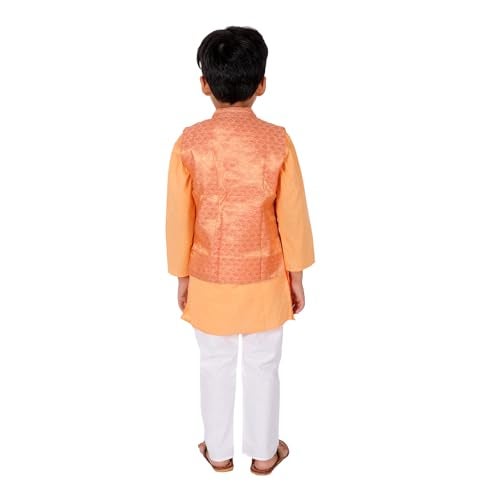 superminis Boy's Cottton Kurta With Golden Thread Work Nehru Jacket and Elastic Closure Pyjama Set (7-8 Years, Orange) - Image 5