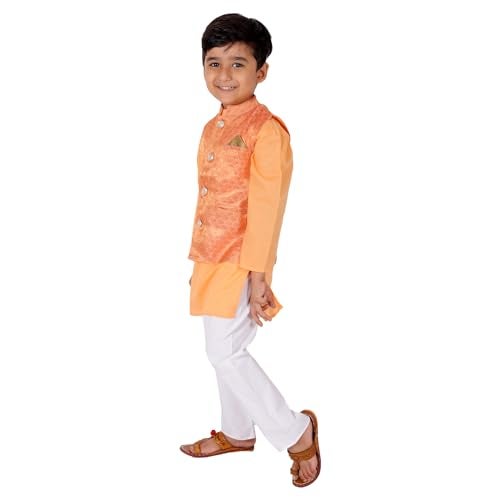 superminis Boy's Cottton Kurta With Golden Thread Work Nehru Jacket and Elastic Closure Pyjama Set (7-8 Years, Orange) - Image 4