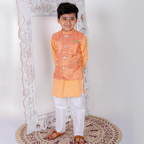 superminis Boy's Cottton Kurta With Golden Thread Work Nehru Jacket and Elastic Closure Pyjama Set (7-8 Years, Orange) - Image 2