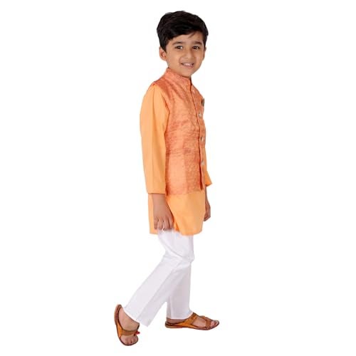 superminis Boy's Cottton Kurta With Golden Thread Work Nehru Jacket and Elastic Closure Pyjama Set (7-8 Years, Orange) - Image 3
