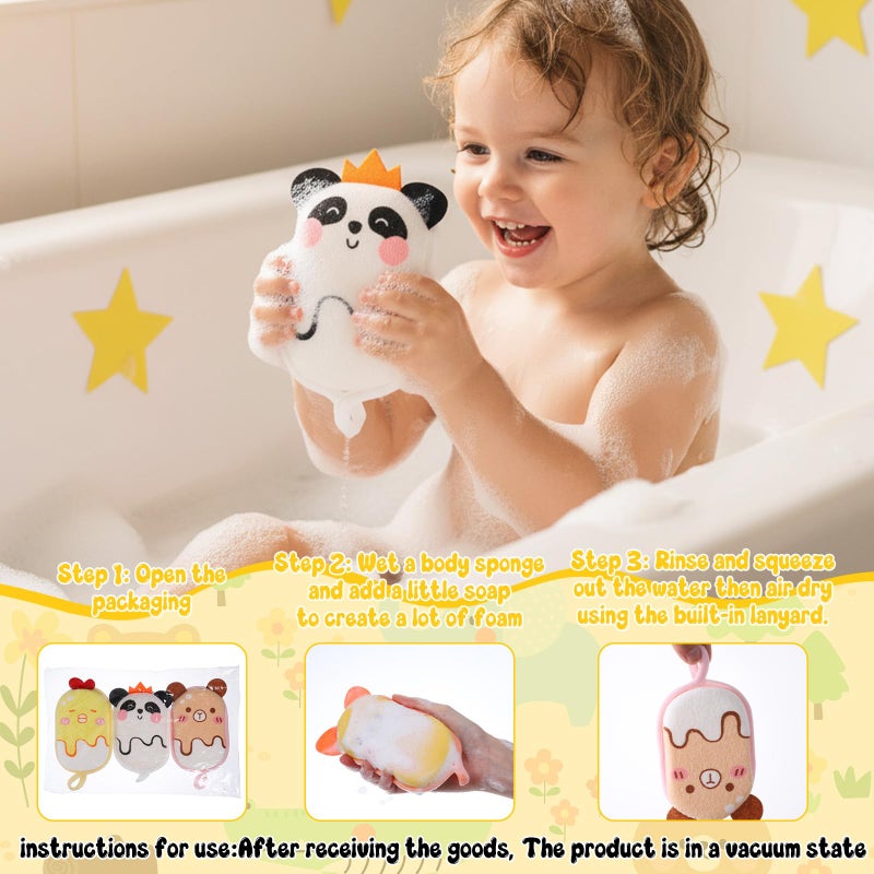 Grevosea 4 Pack Bath Sponge for Kids and Baby, Bath Loofah Sponge, Soft and Absorbent Exfoliating Body Scrubber Shower Cute Cartoon Mesh Sponges for Shower Washing Exfoliating Kids Baby Women Boys and Girl - Image 5