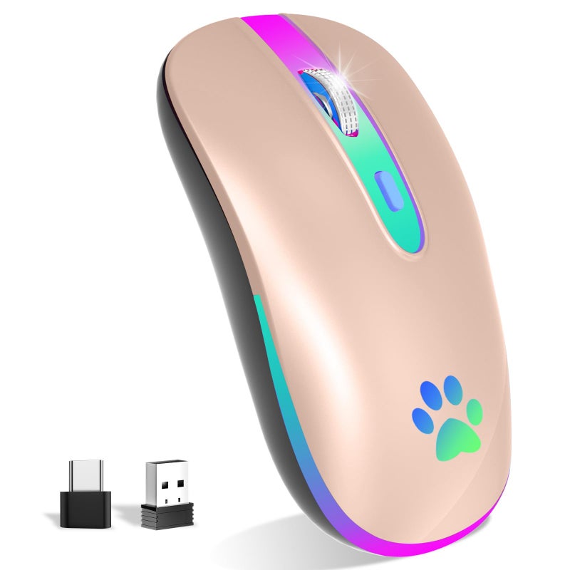 FUWANG Wireless Mouse, Rechargeable LED Wireless Bluetooth Mouse, Portable USB Optical 2.4G Bluetooth Two Mode Computer Mice with USB & Type-c Receiver for Laptop//Tablet/Computer/PC, Sakura Pink - Image 1