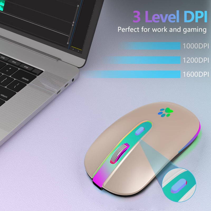 FUWANG Wireless Mouse, Rechargeable LED Wireless Bluetooth Mouse, Portable USB Optical 2.4G Bluetooth Two Mode Computer Mice with USB & Type-c Receiver for Laptop//Tablet/Computer/PC, Sakura Pink - Image 3