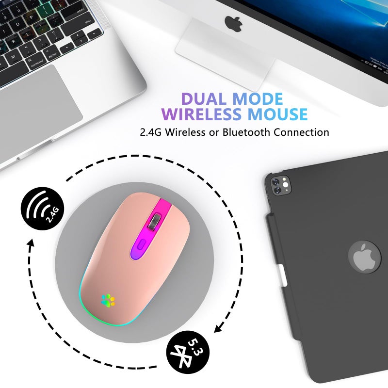 FUWANG Wireless Mouse, Rechargeable LED Wireless Bluetooth Mouse, Portable USB Optical 2.4G Bluetooth Two Mode Computer Mice with USB & Type-c Receiver for Laptop//Tablet/Computer/PC, Sakura Pink - Image 2