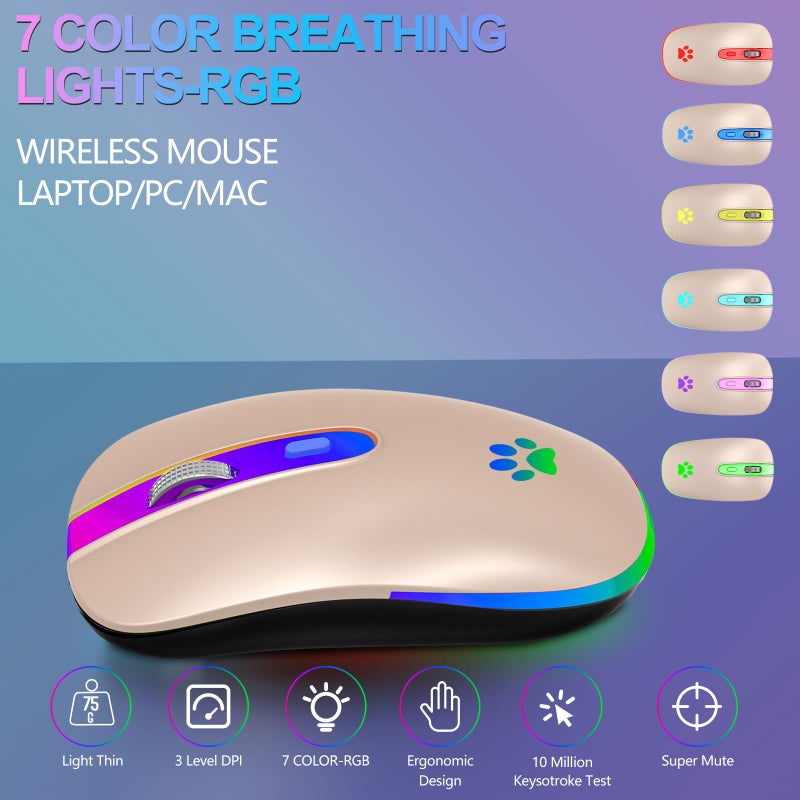FUWANG Wireless Mouse, Rechargeable LED Wireless Bluetooth Mouse, Portable USB Optical 2.4G Bluetooth Two Mode Computer Mice with USB & Type-c Receiver for Laptop//Tablet/Computer/PC, Sakura Pink - Image 4