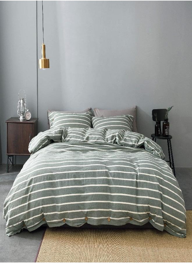 JELLYMONI JELLYMONI 100% Washed Cotton Striped Linen Like Duvet Cover Set, 3 Pieces Luxury Soft Bedding Set with Buttons Closure, Green Stripes Pattern Duvet Cover Twin Size(No Comforter) 
