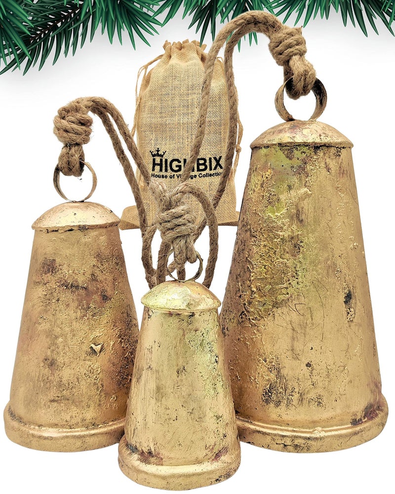 HIGHBIX Set of 3 Giant Harmony Cow Bells Huge Vintage Handmade Rustic Lucky Christmas Hanging Cone Bells XLarge
