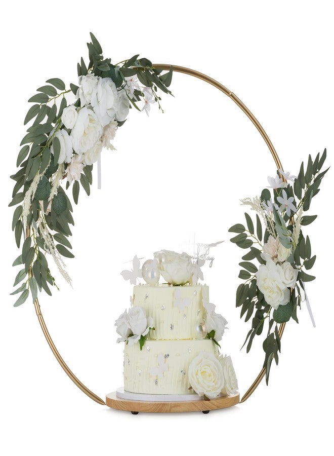 NUPTIO Wedding Cake Stand Pedestal: 14.2 Inch Cupcake Display Wooden Floral Arch Stands with Gold Metal Hoop Table Centerpieces Decoration for Birthday Tea Party Banquet Christmas Anniversary - Image 1