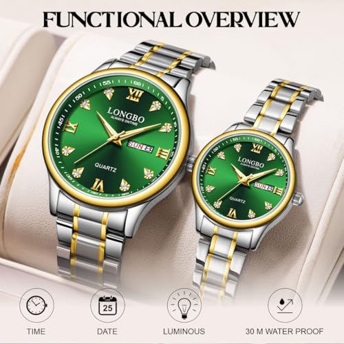 LONGBO Affinity Analogue Couple Watch Set - Elegant Green Dial with Rhinestone Studded Dial, Silver Gold Dual Tone Stainless Steel Band | Marriage Gift Set for Men and Women - Image 3