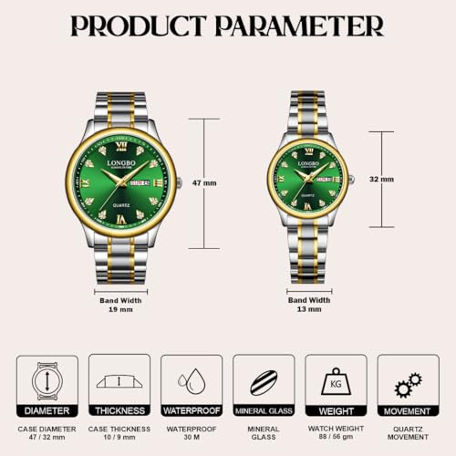LONGBO Affinity Analogue Couple Watch Set - Elegant Green Dial with Rhinestone Studded Dial, Silver Gold Dual Tone Stainless Steel Band | Marriage Gift Set for Men and Women - Image 4
