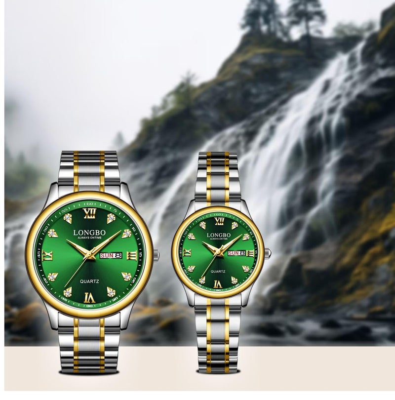 LONGBO Affinity Analogue Couple Watch Set - Elegant Green Dial with Rhinestone Studded Dial, Silver Gold Dual Tone Stainless Steel Band | Marriage Gift Set for Men and Women - Image 2