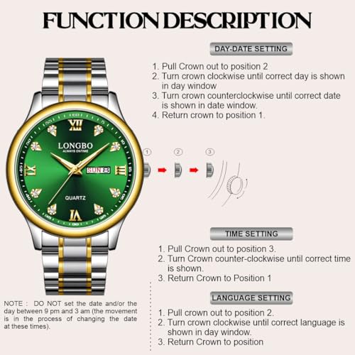 LONGBO Affinity Analogue Couple Watch Set - Elegant Green Dial with Rhinestone Studded Dial, Silver Gold Dual Tone Stainless Steel Band | Marriage Gift Set for Men and Women - Image 5