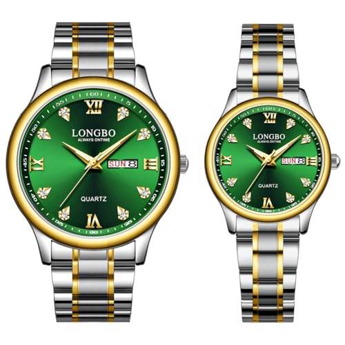 LONGBO Affinity Analogue Couple Watch Set - Elegant Green Dial with Rhinestone Studded Dial, Silver Gold Dual Tone Stainless Steel Band | Marriage Gift Set for Men and Women - Image 1