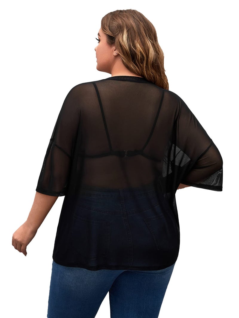 MakeMeChic Women's Plus Size Concert Outfits Fishnet Tops Black Rhinestone Sheer Short Sleeve Summer Tops Black Mesh XX-Large Plus - Image 2