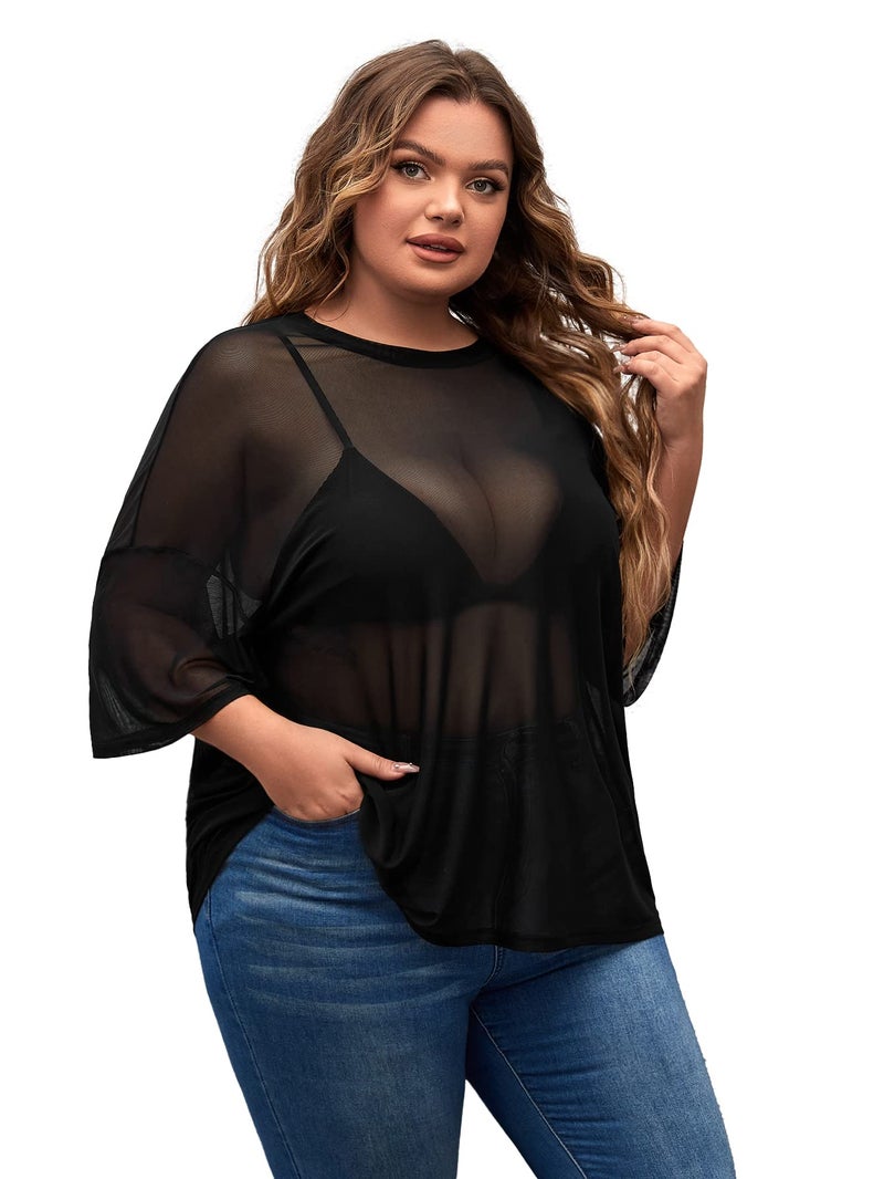 MakeMeChic Women's Plus Size Concert Outfits Fishnet Tops Black Rhinestone Sheer Short Sleeve Summer Tops Black Mesh XX-Large Plus - Image 4