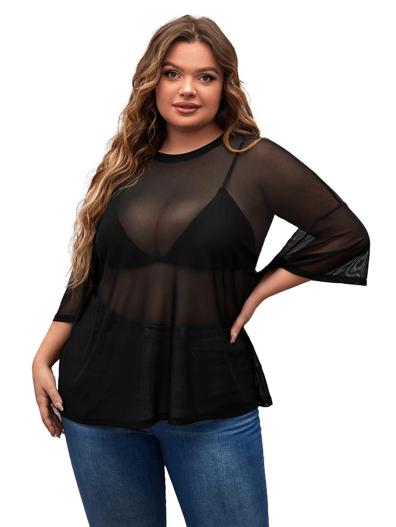 MakeMeChic Women's Plus Size Concert Outfits Fishnet Tops Black Rhinestone Sheer Short Sleeve Summer Tops Black Mesh XX-Large Plus - Image 3