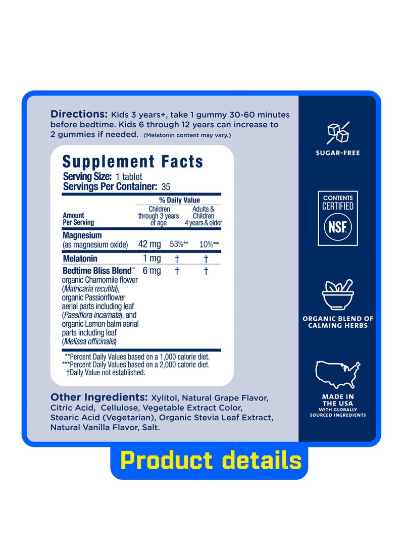 Mommy's Bliss Kids Sleep Chewable Tablets, Melatonin, Magnesium & Calming Herbs, Grape Flavor, Sugar Free Kids Melatonin, Age 3+ (35 Servings), 35 Count - Image 2