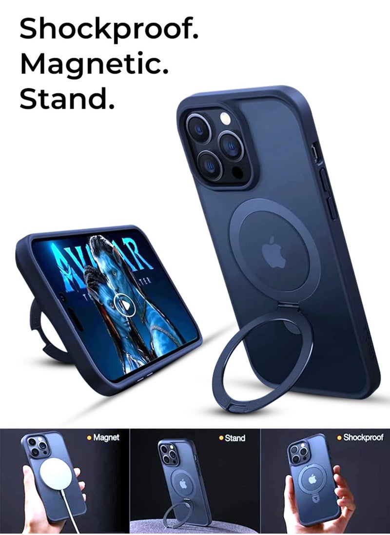 glassology - iPhone 15 Pro Max Case 360°Rotatable Magnetic Ring Stand & Holder, Shockproof Back Phone Case Blue - Image 1