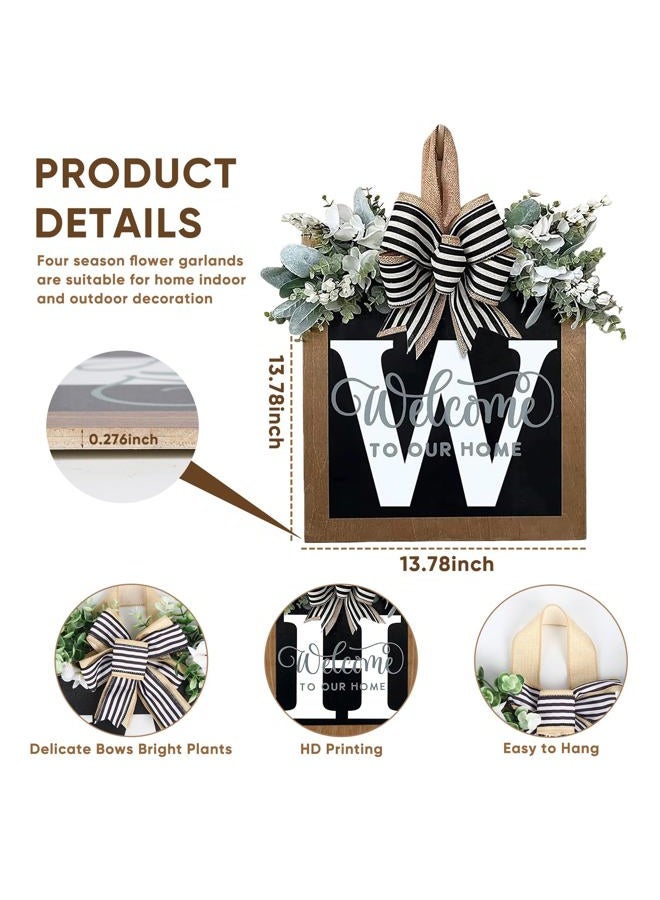 Last Name All Year Round Front Door Wreath with 26 Initial Letter Welcome Sign All Seasons Eucalyptus Garland and Bow Wreaths for Front Door Porch Farmhouse Decoration (W) - Image 4