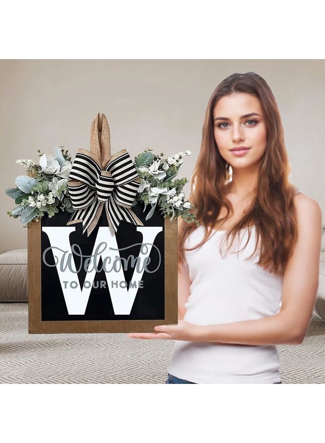 Last Name All Year Round Front Door Wreath with 26 Initial Letter Welcome Sign All Seasons Eucalyptus Garland and Bow Wreaths for Front Door Porch Farmhouse Decoration (W) - Image 1