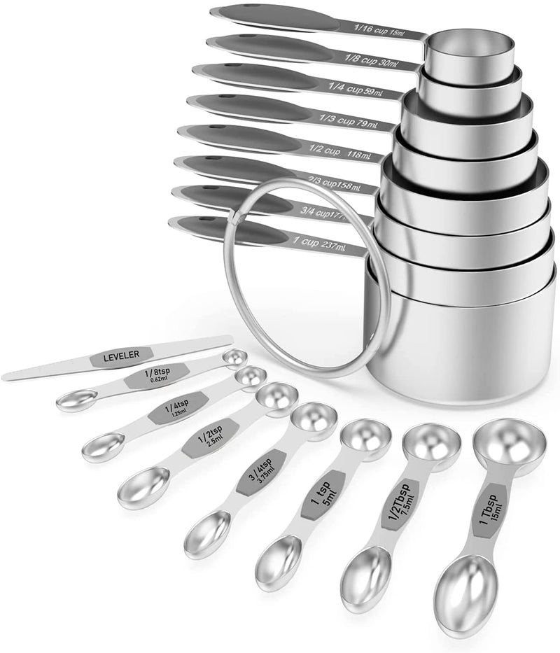 Measuring Cups  Magnetic Measuring Spoons Wildone 16Pc Stainless Steel Measuring Cups Set 8 Measuring Cups  7 DoubleSided Magnetic Measuring Spoons Stackable  1 Leveler Gray