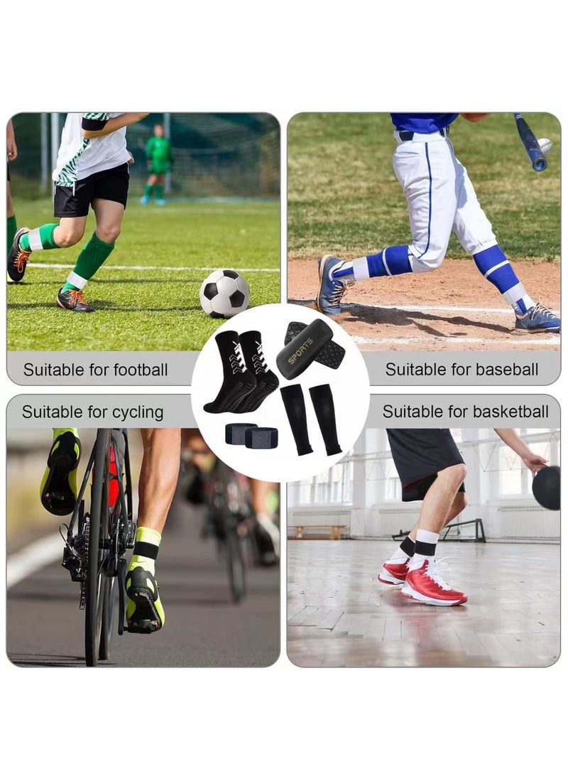 PYC - Football Four Piece Set Skidproof Soccer Socks Nylon Pocket Shin Guard Sleeves Calf Compression Socks For Soccer Football Sports Adjustable Shin Guard Straps(Black) - Image 1