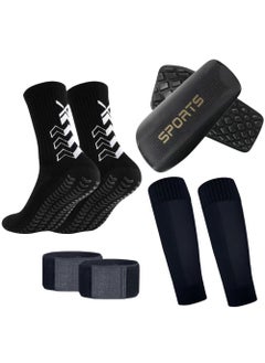 PYC Football Four Piece Set Skidproof Soccer Socks Nylon Pocket Shin Guard Sleeves Calf Compression Socks For Soccer Football Sports Adjustable Shin Guard Straps(Black)  - Image 1