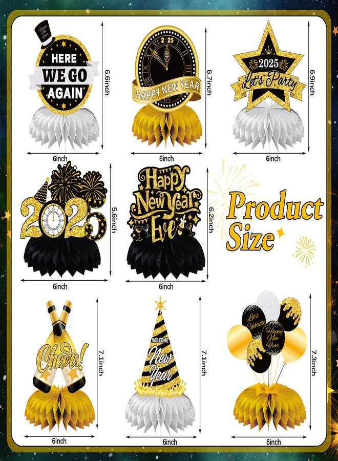 JULMELON Happy New Year Decorations 2025, 8 PCS New Years Honeycomb Centerpieces Table Decorations Black and Gold Table Toppers Decor for New Year Eve Party Supplies Favors - Image 2