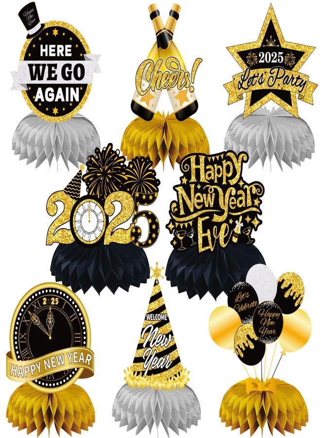 JULMELON Happy New Year Decorations 2025, 8 PCS New Years Honeycomb Centerpieces Table Decorations Black and Gold Table Toppers Decor for New Year Eve Party Supplies Favors - Image 1