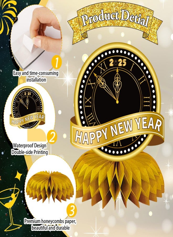 JULMELON Happy New Year Decorations 2025, 8 PCS New Years Honeycomb Centerpieces Table Decorations Black and Gold Table Toppers Decor for New Year Eve Party Supplies Favors - Image 3