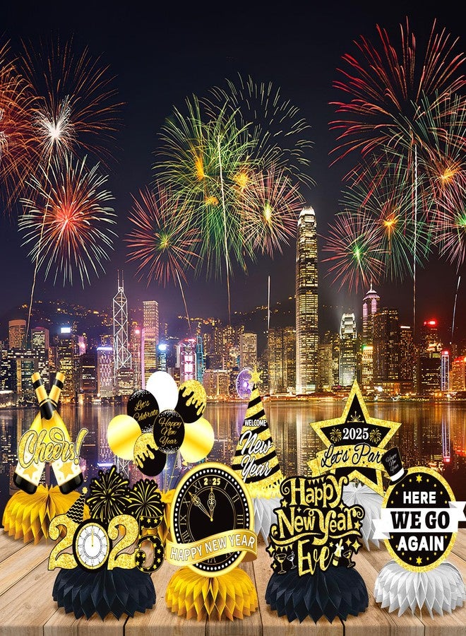 JULMELON Happy New Year Decorations 2025, 8 PCS New Years Honeycomb Centerpieces Table Decorations Black and Gold Table Toppers Decor for New Year Eve Party Supplies Favors - Image 5