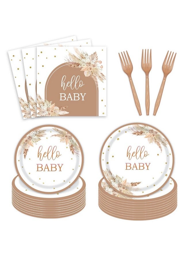 Vanulus 96pcs Boho Baby Shower Party Plates and Napkins Tableware Set for 24 Guests Bohemian Pampas Grass Floral Rainbow Arch Party Dinnerware Supplies Favors Decorations for Hello Baby Events  - Image 1