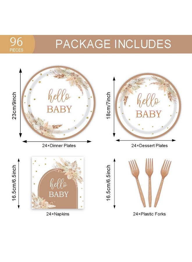 Vanulus 96pcs Boho Baby Shower Party Plates and Napkins Tableware Set for 24 Guests Bohemian Pampas Grass Floral Rainbow Arch Party Dinnerware Supplies Favors Decorations for Hello Baby Events  - Image 2
