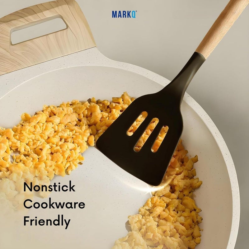 MARKQ طقم أدوات المطبخ 12 قطعة | أدوات طهي سيليكون مع مقابض خشبية من الخيزران | أدوات طهي غير لاصقة وسهلة التنظيف (متنوعة) - Image 3