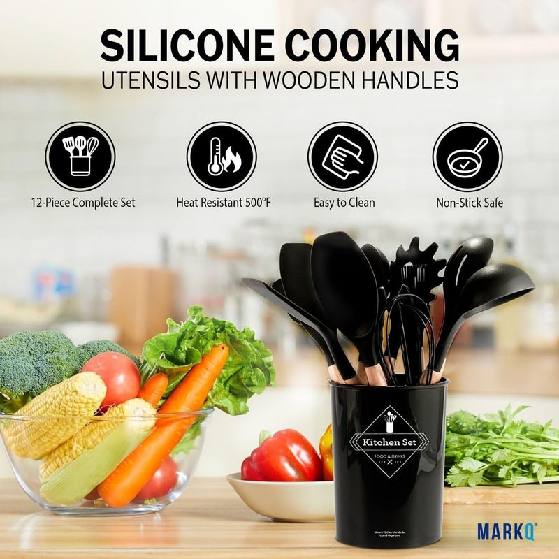 MARKQ طقم أدوات المطبخ 12 قطعة | أدوات طهي سيليكون مع مقابض خشبية من الخيزران | أدوات طهي غير لاصقة وسهلة التنظيف (متنوعة) - Image 2