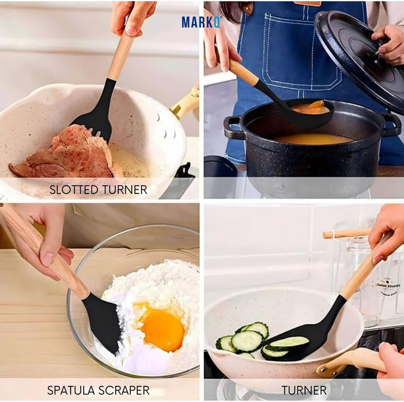 MARKQ طقم أدوات المطبخ 12 قطعة | أدوات طهي سيليكون مع مقابض خشبية من الخيزران | أدوات طهي غير لاصقة وسهلة التنظيف (متنوعة) - Image 4