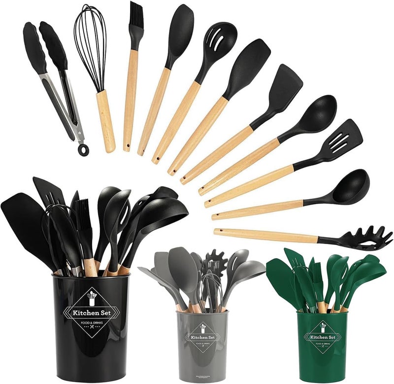 MARKQ طقم أدوات المطبخ 12 قطعة | أدوات طهي سيليكون مع مقابض خشبية من الخيزران | أدوات طهي غير لاصقة وسهلة التنظيف (متنوعة) - Image 1