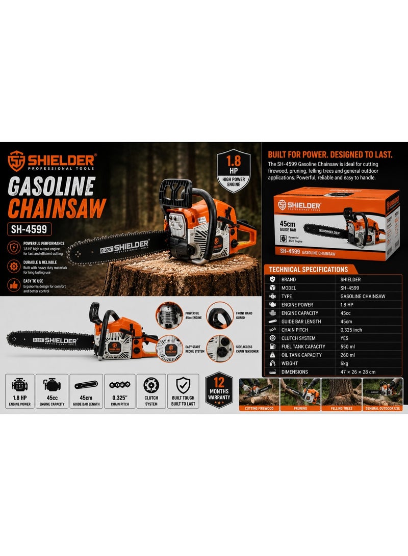 Shielder Gasoline Chainsaw 45cm 1.8HP Wood Cutting Saw SH-4599 - Image 1