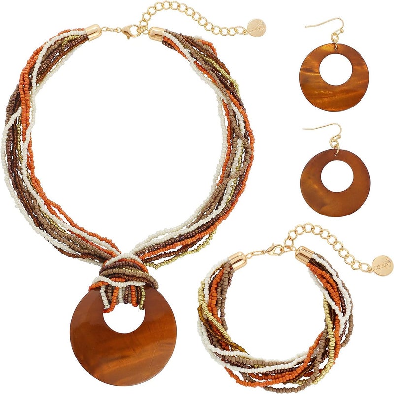 Coiris Multi Strand Statement Colorful Beaded Necklace with Big Circle Shell Pendant for Women - Image 1