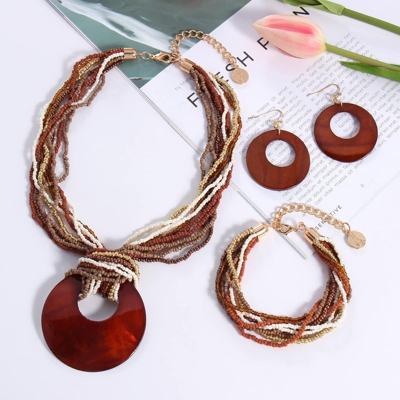 Coiris Multi Strand Statement Colorful Beaded Necklace with Big Circle Shell Pendant for Women - Image 2